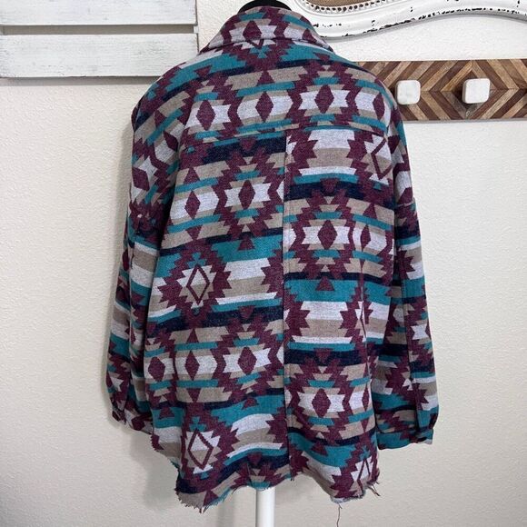 Aztec boho flannel schacket blue burgundy sweater jacket size med oversized - Picture 12 of 15